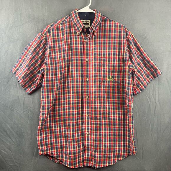 Vtg Wrangler Riata Shirt Embroider Crest Plaid Western Button-Down Short Sleeve - Picture 1 of 7
